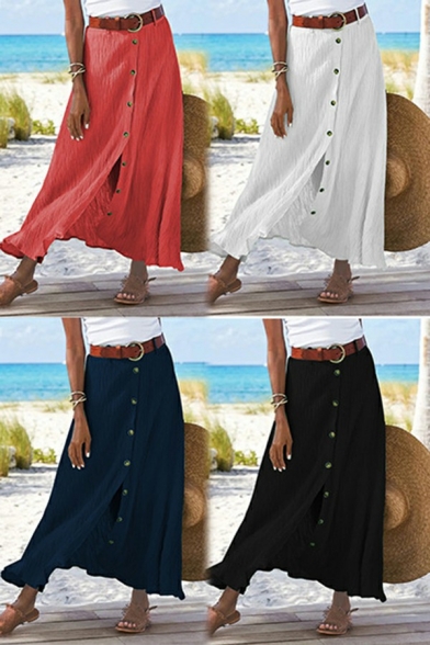 Fancy Ladies Skirt Solid Color Button Detail Broomstick Maxi Skirt