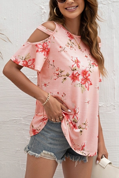 Fashionable Tee Top Floral Print Short-sleeved Cold Shoulder Round Neck T-Shirt for Women