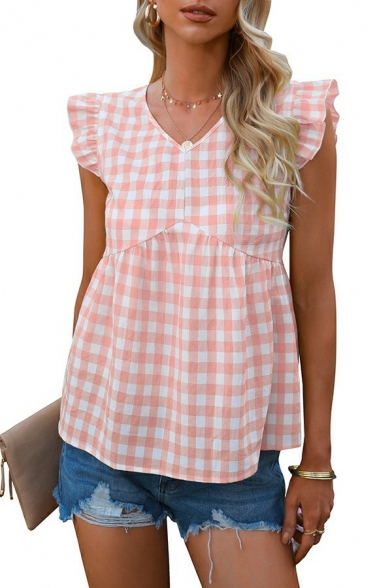 Fashionable Women Tee Shirt Plaid Pattern V-Neck Cap Sleeve Ruffles Detail T-Shirt
