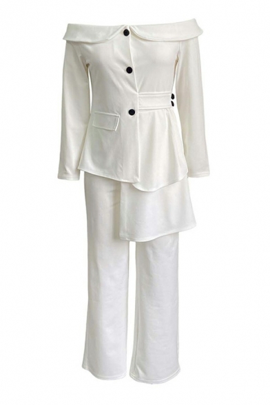 Girls Pop Co-ords Plain Buttons Off the Shoulder Asymmetric Hem Blazer with Pants Suit Set