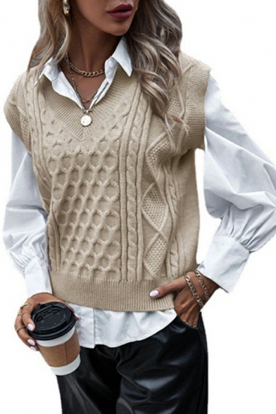 Ladies Smart Vest Pure Color V-Neck Regular Ribbed Hem Cable Knit Vest
