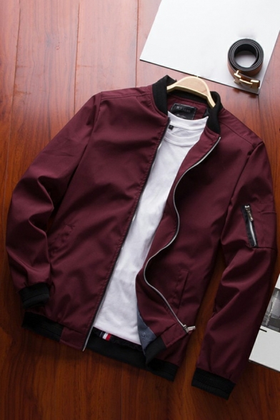 Men Popular Jacket Contrast Color Pocket Long Sleeve Stand Collar Zip Down Bomber Jacket