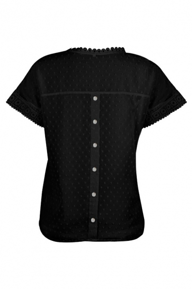 Modern Girls Blouse Jacquard Pattern Short-sleeved Buttons Round Neck Lace Pleated Blouse