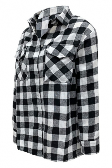 Novelty Women's Shirt Plaid Patterned Turn-down Collar Buttons Pocket Long-sleeved Shirt