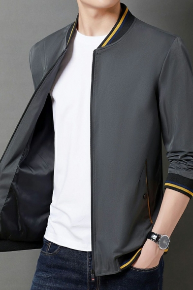 Trendy Men Jacket Contrast Stripe Pocket Stand Collar Fitted Zipper Bomber Jacket