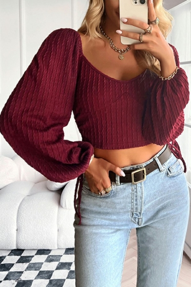Attractive Women Knit Top Solid Color Ruched Scoop Neck Long Sleeve Crop Top