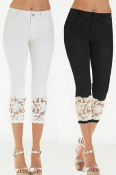Basic Women's Jeans Plain Lace Detail Mid Waist Pocket Skinny Zip Closure Jeans