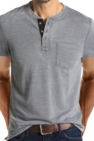 Boyish Guy's Tee Top Contrast Color Chest Pocket Henley Collar Short Sleeves T-Shirt