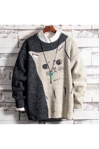 Boyish Sweater Cartoon Cat Pattern Long-Sleeved Crew Neck Loose Knit Pullover for Men