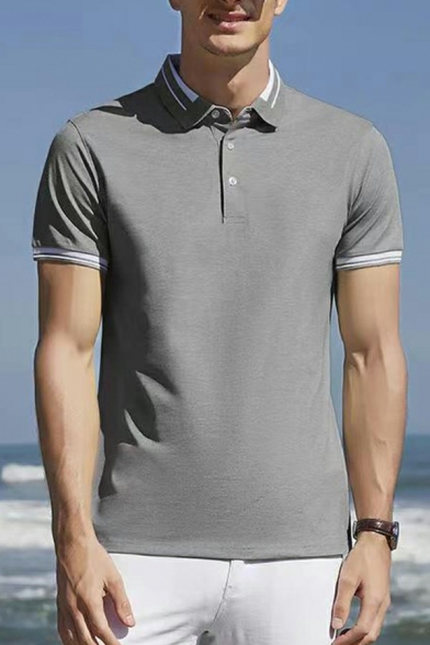 Freestyle Guy's Polo Shirt Contrast Trim Turn-down Collar Short Sleeves Button Polo Shirt