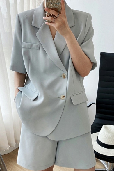Girls Casual Suit Set Whole Colored Notched Lapel Short Sleeves Blazer with Shorts Co-ords