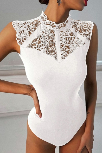Graceful Women Bodysuit Whole Colored Hollow Out Stand Collar Lace Bodysuit
