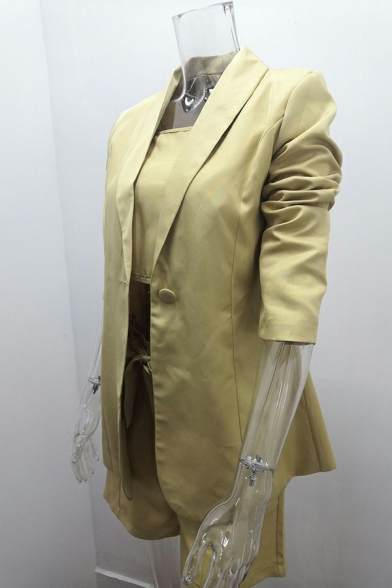 Ladies Popular Suit Three Piece Set Whole Colored Shawl Collar Blazer with Bow Shorts Set