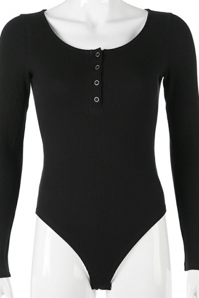 Leisure Ladies Bodysuit Whole Colored 1/4 Button Long Sleeves Boat Neck Bodysuit