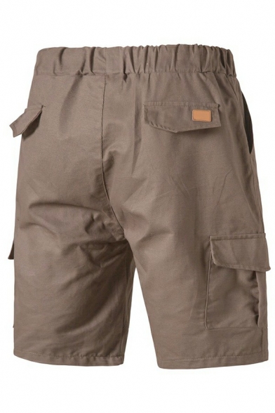 Men Boyish Drawstring Shorts Pure Color Elastic Waist Pocket Detail Cargo Shorts