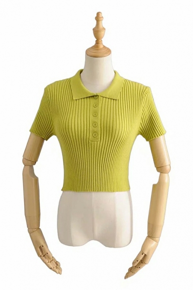 Retro Women's Crop Polo Shirt Plain Kint Button Turn Down Collar Short Sleeve Polo Shirt