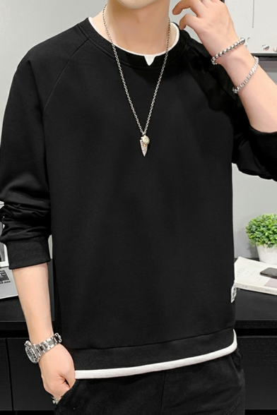 Simple Sweatshirt Solid Fake Two Pieces Long Sleeves Crew Neck Fitted Sweatshirt for Men