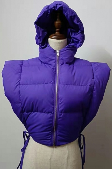 Simple Womens Vest Plain Zip Placket Side Bow Cropped Hooded Padded Vest