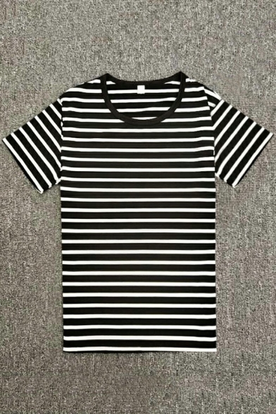 Sporty Men's T-shirt Striped Print Short-sleeved Round Neck Regular Fit Tee Top