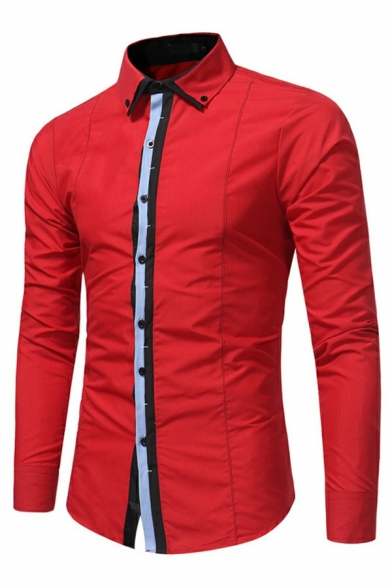 Trendy Shirt Contrast Color Point Collar Slim Curved Hem Long-Sleeved Button Closure Shirt
