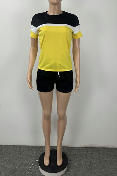 Unique Women's Co-ords Color Block Crew Neck T-shirt with Drawstring Pocket Shorts Set
