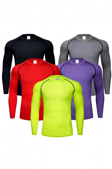 Vintage Tee Top Pure Color Round Neck Slimming Long Sleeves Quick Dry T-shirt for Boys