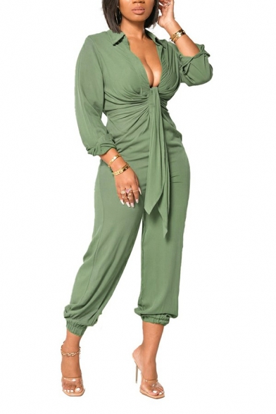 Women Simple Jumpsuits Pure Color Long Sleeves Deep V-Neck Ruched Ribbons Jumpsuits