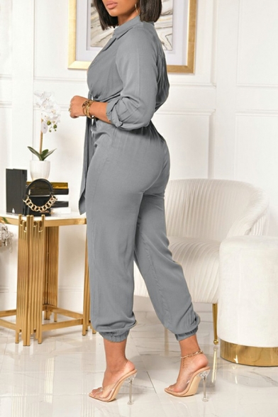 Women Simple Jumpsuits Pure Color Long Sleeves Deep V-Neck Ruched Ribbons Jumpsuits