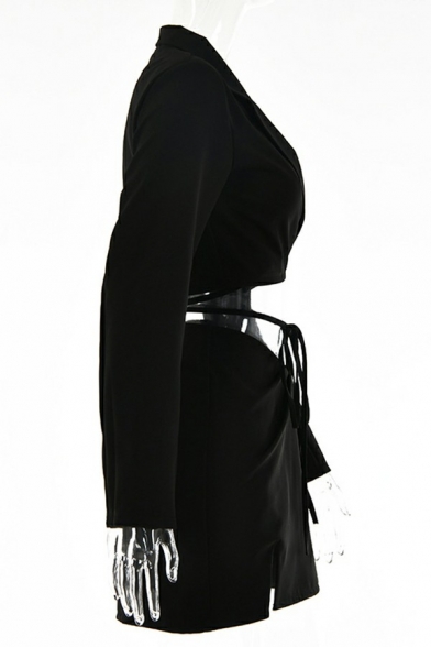 Women Stylish Suit Co-ords Solid Notched Lapel Criss Cross Blazer Slit Hem Short Skirt Set