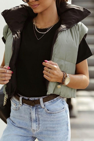 Casual Vest Whole Colored Padded Zip Closure Stand Collar Cropped Drawcord Vest for Women