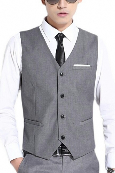 Dashing Guys Suit Vest Whole Colored V-Neck Button Closure Front Pocket Slim Suit Vest
