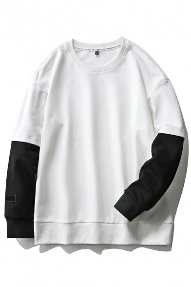 Edgy Guys Sweatshirt Contrast Color Long Sleeve Oversized Round Collar Pullover Sweatshirt