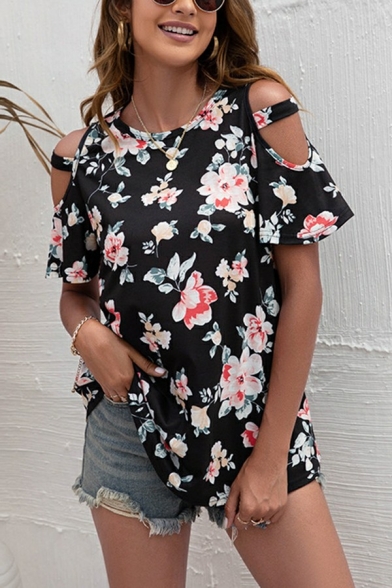 Fashionable Tee Top Floral Print Short-sleeved Cold Shoulder Round Neck T-Shirt for Women