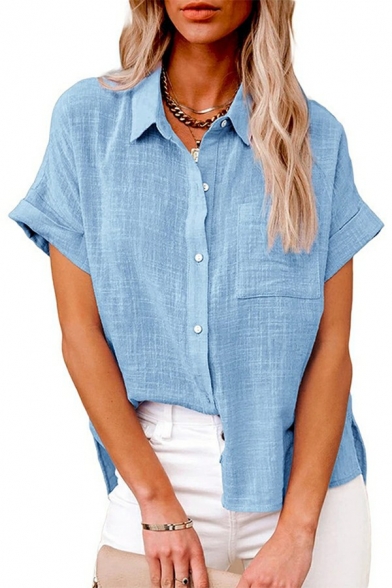 Girls Street Look Shirt Plain Chest Pocket Short Sleeve Turn-down Collar Button Fly Shirt