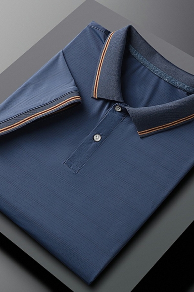 Hot Guys Polo Shirt Stripe Pattern Turn-down Collar Short Sleeve Button Placket Polo Shirt