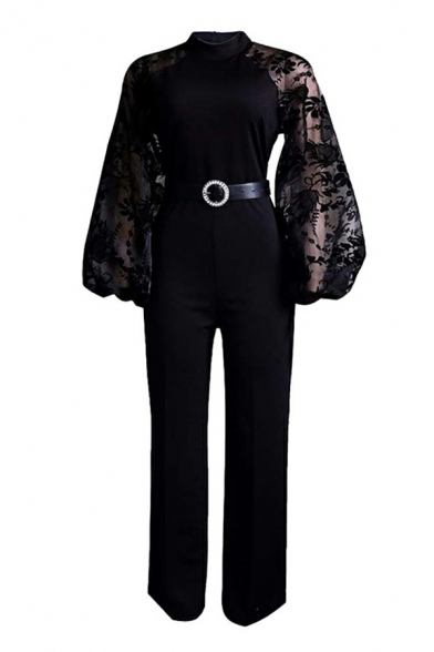 Ladies Fancy Jumpsuits Solid Gauze Long Puff Sleeve Stand Collar Sheer Belted Jumpsuits