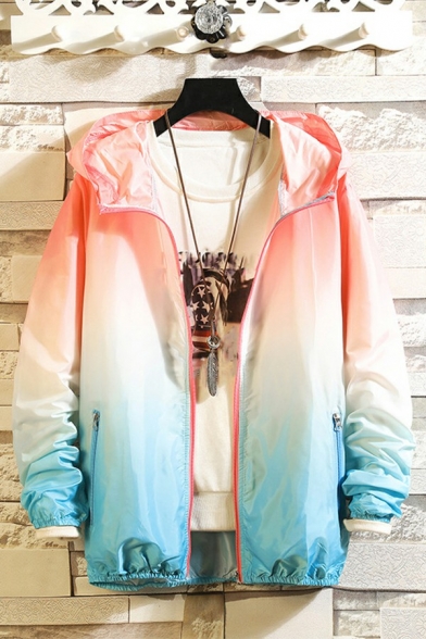 Men Classic Jacket Ombre Pattern Hooded Pocket Long-Sleeved Relaxed Zip Closure Jacket