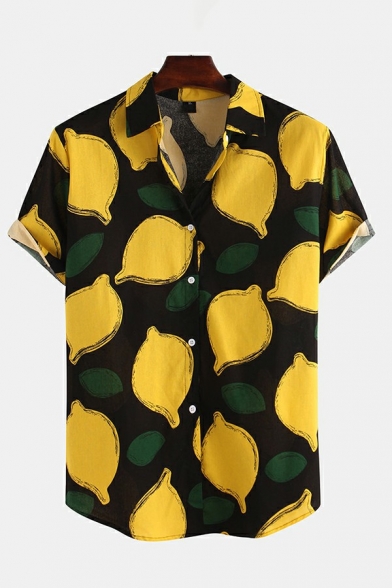 Men Simple Shirt Lemon Pattern Relaxed Spread Collar Short Sleeve Button Placket Shirt
