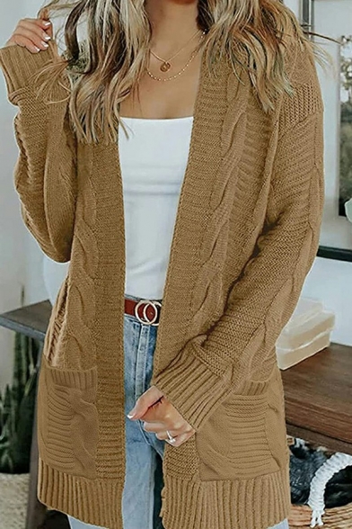 Modern Cardian Pure Color Open Front Long Sleeves Regular Cable Knit Cardian for Women