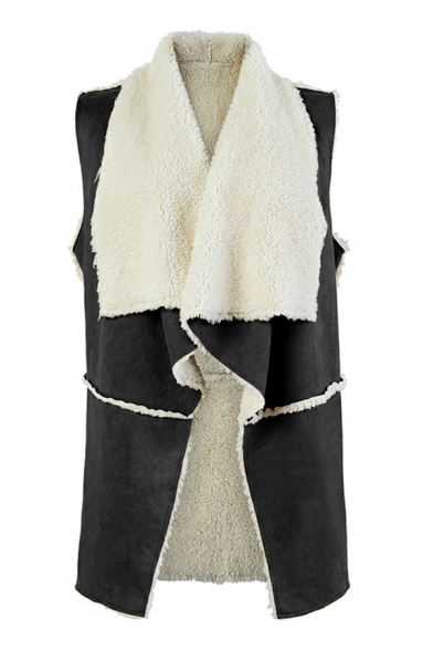 Novelty Women's Vest Pure Color Open Front Faux Fur Burrs Waterfall Collar Vest