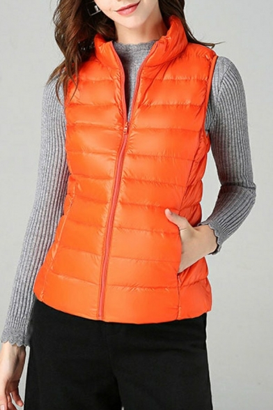 Retro Vest Whole Colored Sleeveless Zip Placket Fitted Stand Collar Vest for Ladies