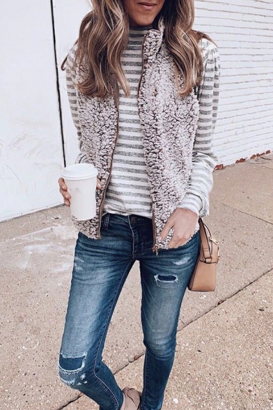Street Look Girls Vest Leopard Pattern Pocket Spread Collar Double Sided Zip Up Vest