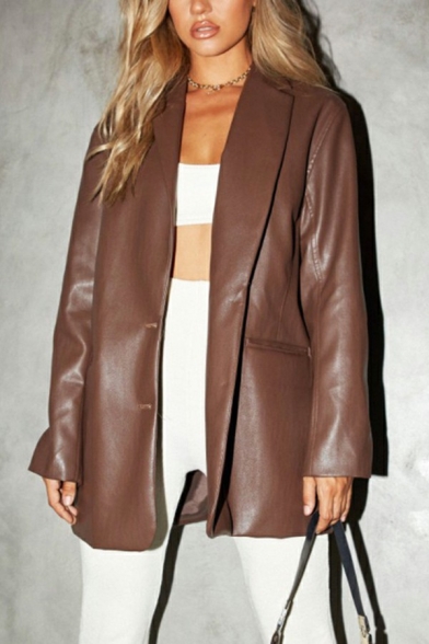 Vogue Women's Leather Jacket Solid Lapel Collar Flap Pocket Button Placket Leather Jacket