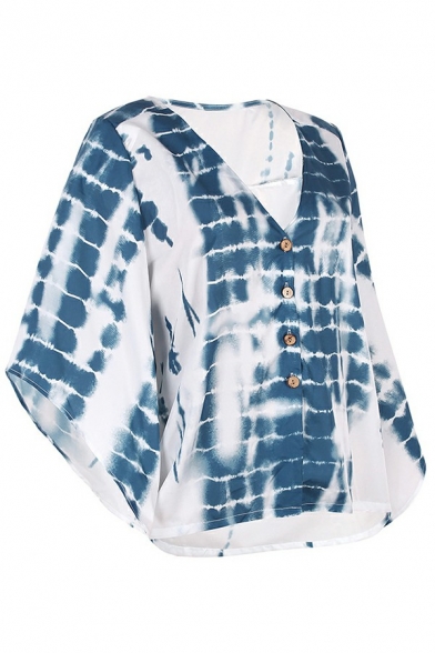 Women Elegant Shirt Tie Dye Patterned V-Neck Buttons Half Batwing Sleeve Shirt