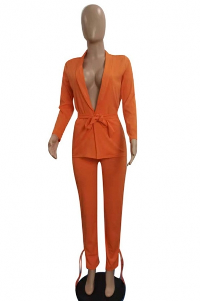 Women Girlish Suit Co-ords Whole Colored Tie Knot Shawl Collar Blazer Ankle Tied Pants Set