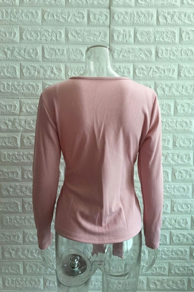 Attractive Women Top Solid Color V-Neck Long Sleeve Slim Fit Bow Detail Top