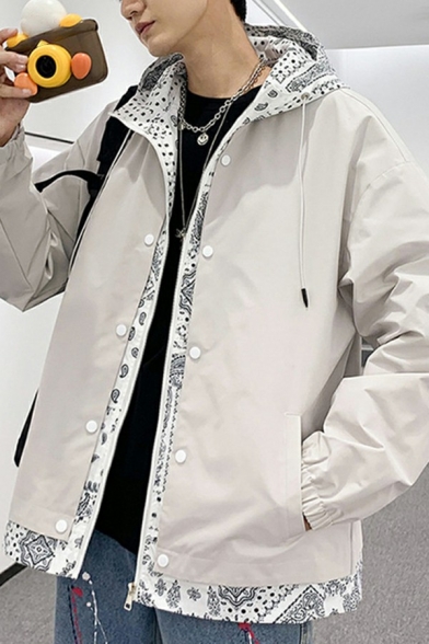 Basic Jacket Paisley Printed Drawstring Hooded Pocket Long Sleeve Baggy Button up Jacket