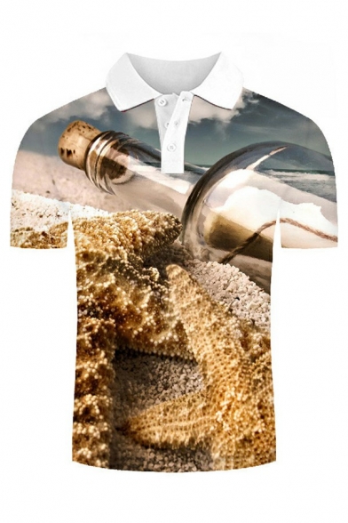 Casual Guy's Polo Shirt 3D Pattern Spread Collar Short-sleeved Regular Button Polo Shirt