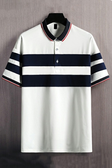Casual Polo Shirt Color Panel Short-sleeved Regular Fit Button Detail Polo Shirt for Men