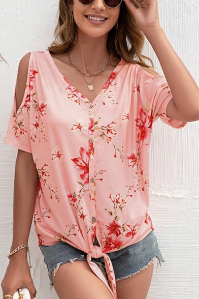 Classic Tee Top Floral Print Cold Shoulder Buttons V-Neck Lace-up Tee Top for Ladies